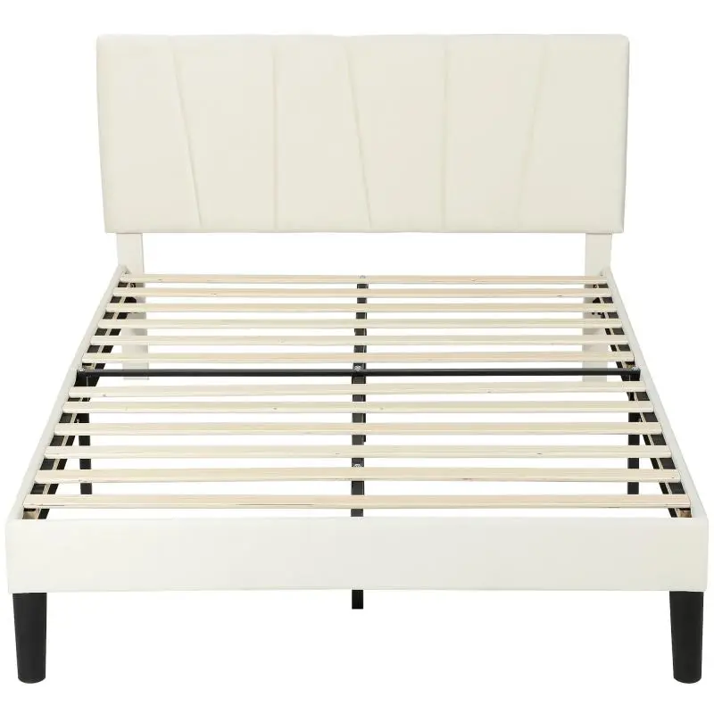 Double bed frame 140 x 190 cm, 2-person bed, adjustable headboard, slatted base 150 x 198 x 101/106/111/116/121 cm, cream