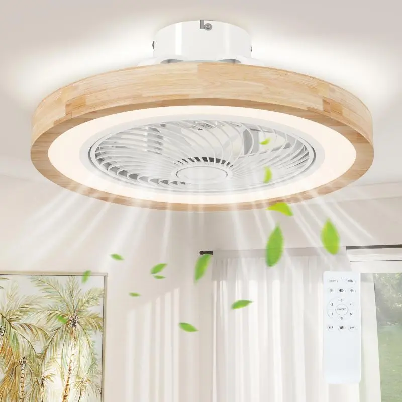 Reversible ceiling fan with light and remote control: 6 speeds, timer, adjustable brightness, natural wood.