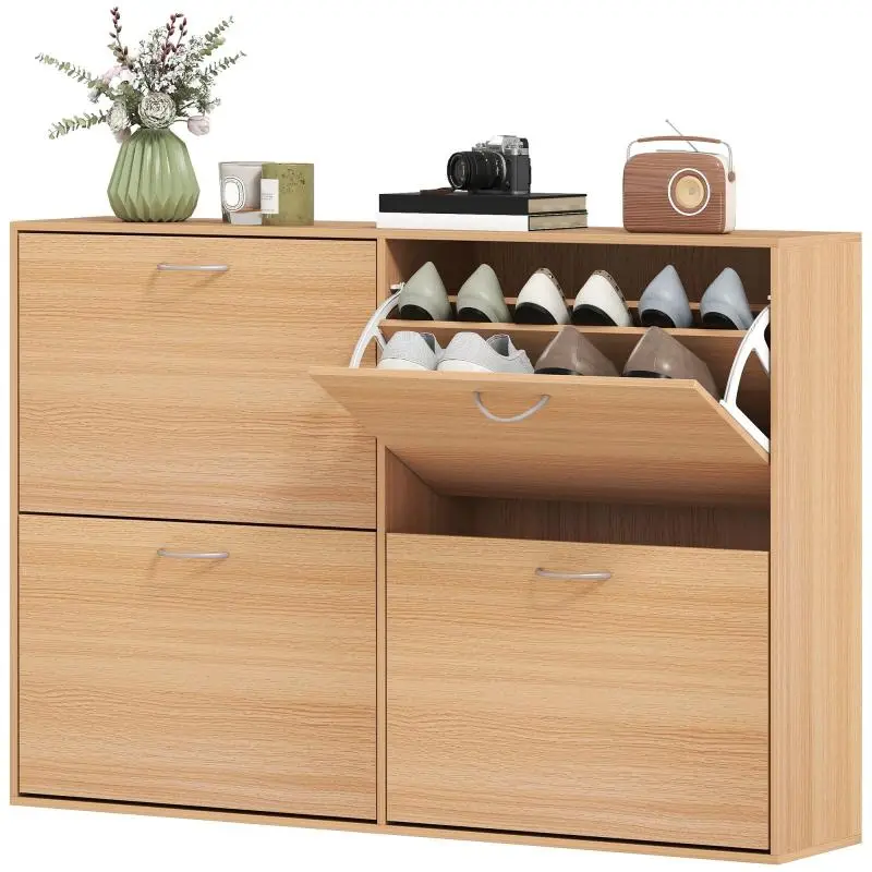 Shoe Cabinet with 4 Drop-Down Doors, 120 cm, Wood Finish