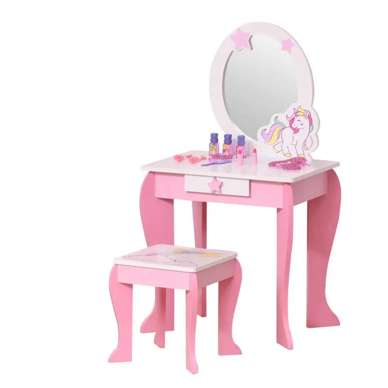 Children's Vanity Table with Stool, Pink and White