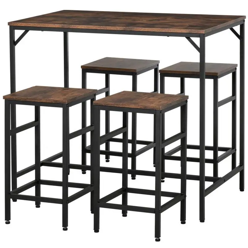 Bar Table Set with 4 Stools, Rustic Brown and Black