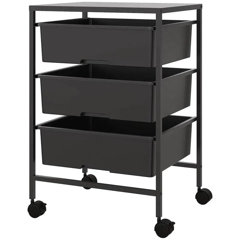 Side table with wheels, 3 baskets for transport and storage, kitchen trolley, 40.8L x 33.5W x 60.5H cm, black