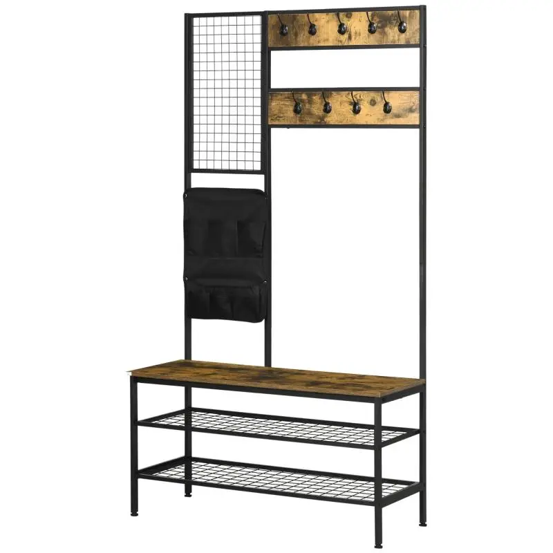 Hallway Coat Rack with Shoe Bench and Memo Board