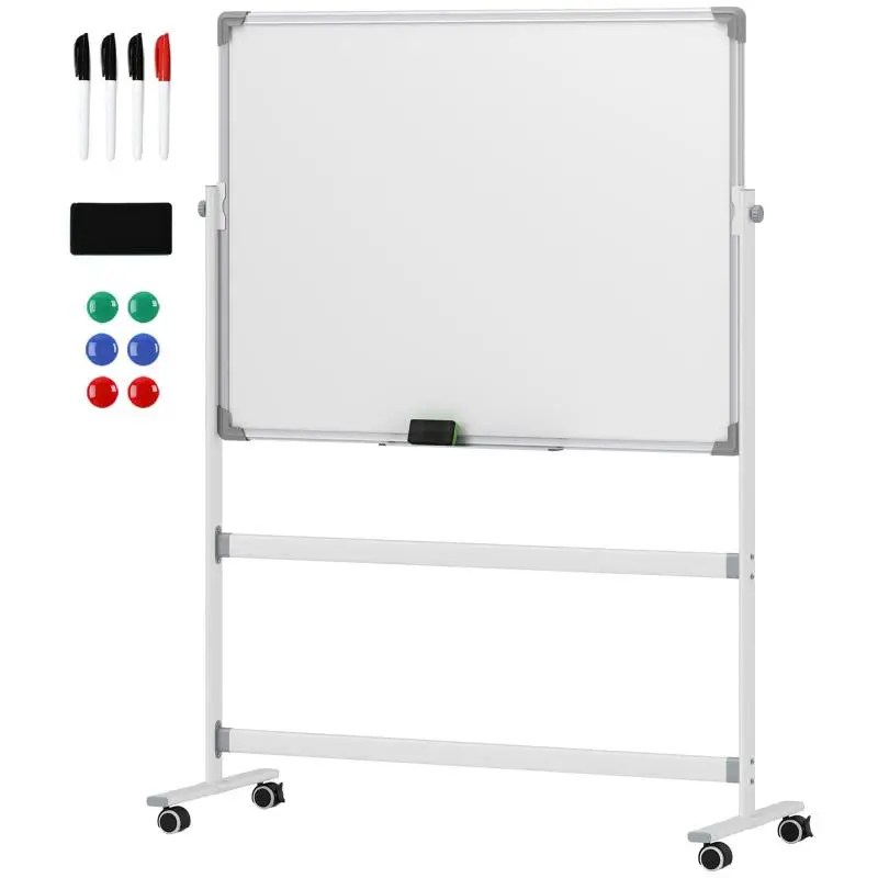 Whiteboard, 120 x 90 cm, magnetic, rotatable, mobile, incl. marker & eraser, metal frame, white