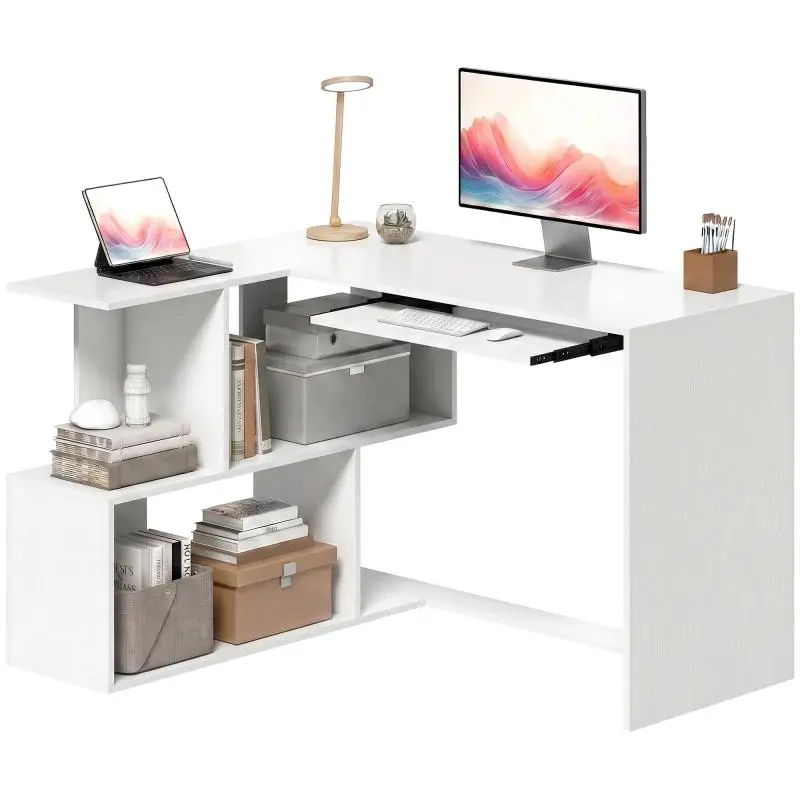 Corner desk, computer desk with keyboard tray and open shelves, white wood look