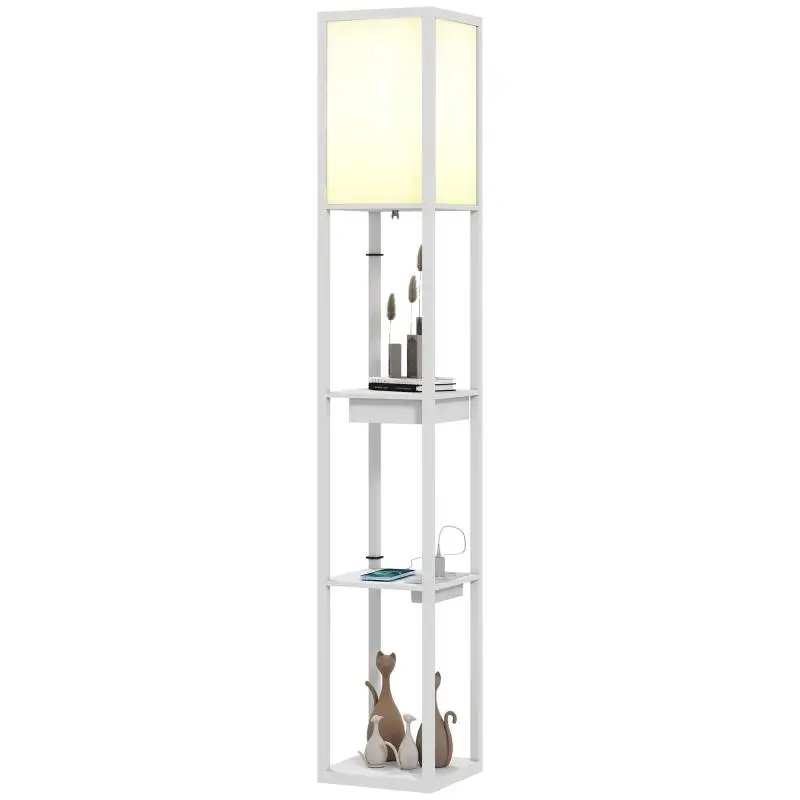 Floor Lamp with Shelf, USB Ports and Foot Switch, White