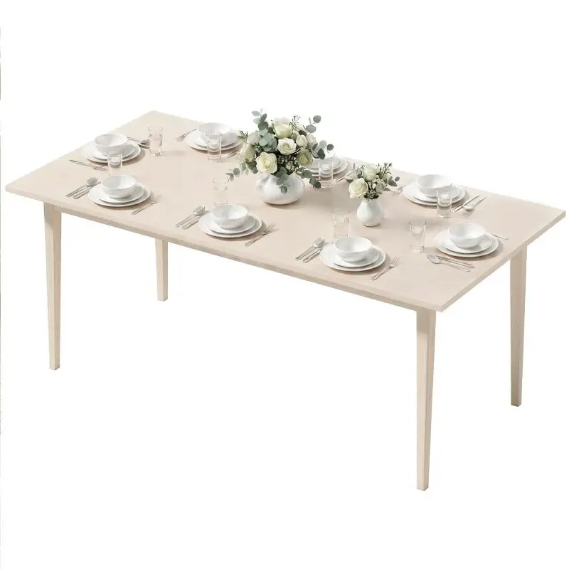 Dining table for 8 people, modern kitchen table with solid wood legs, 180 cm, cream