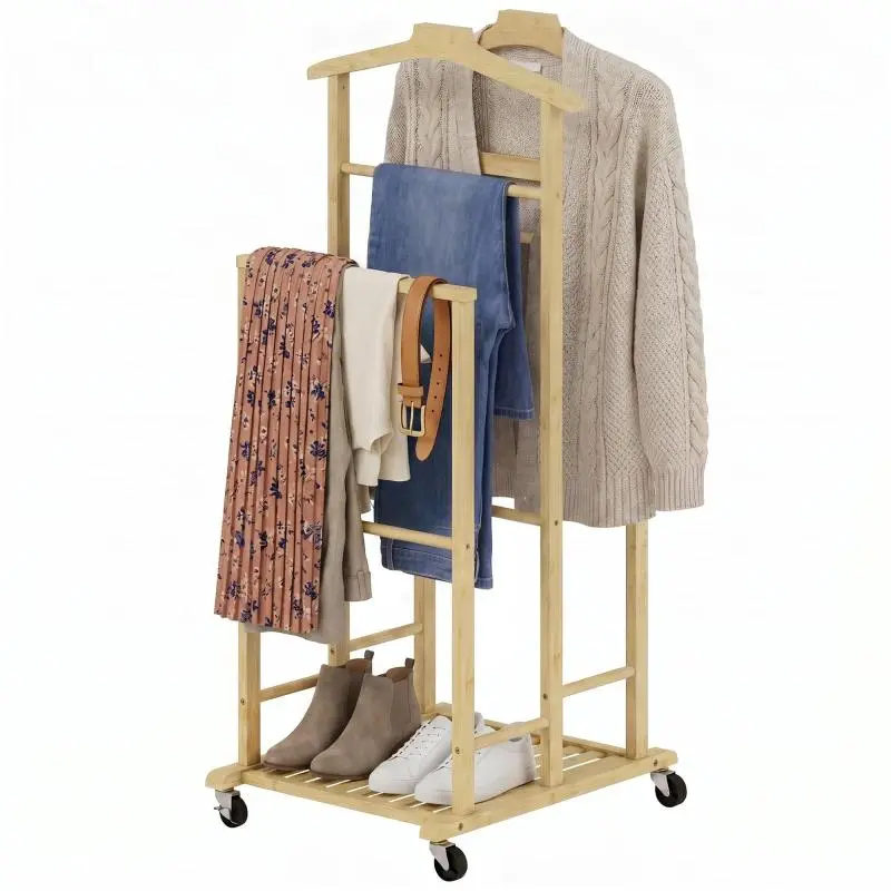 Rolling Bamboo Valet Stand with Tray and Shelf