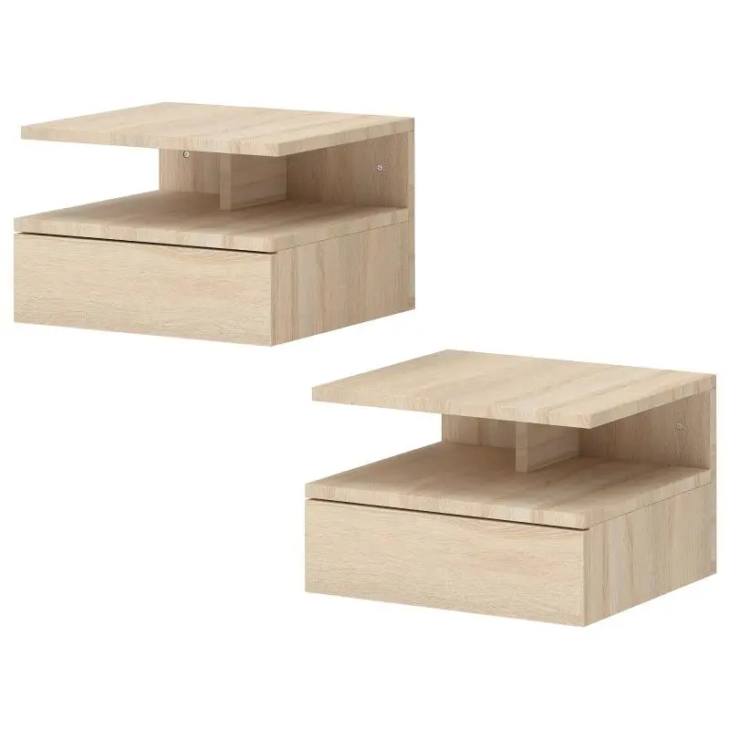 Set of 2 Wall-Mounted Bedside Tables, Oak