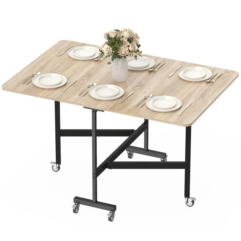 Folding Dining Table on Wheels, Oak and Black