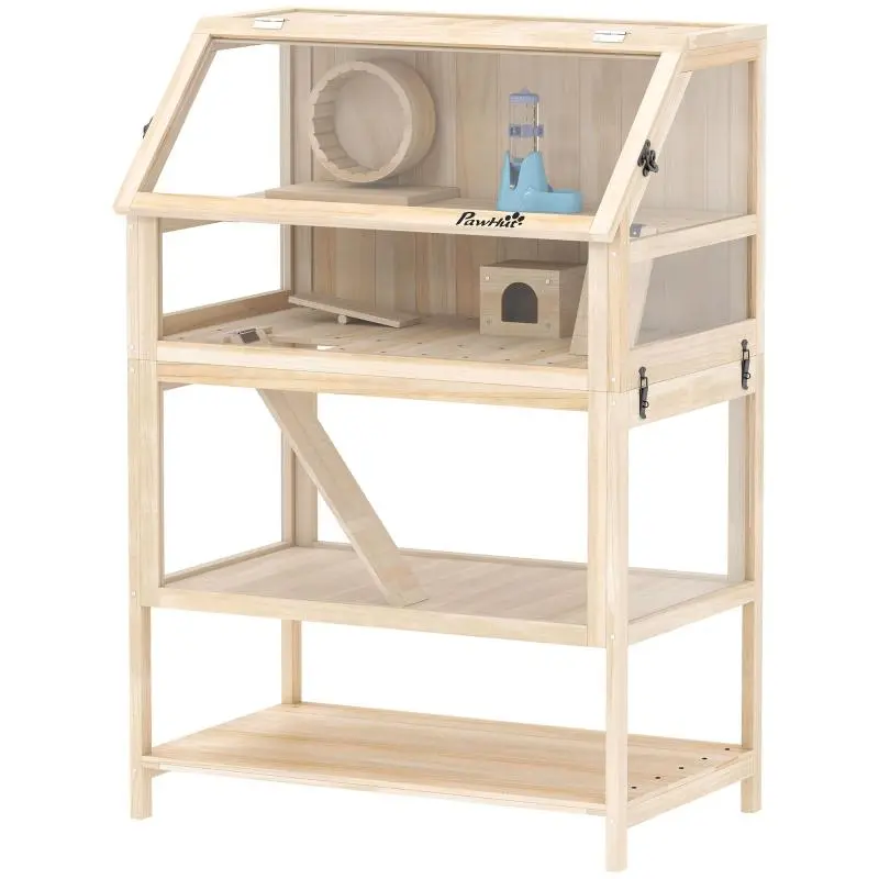 3-Tier Wooden Hamster Cage / Rodent Cage with Removable Bottom Tray, Exercise Wheel, Seesaw, Ramp, and Hideout – 80 x 53 x 117 cm – Natural Wood