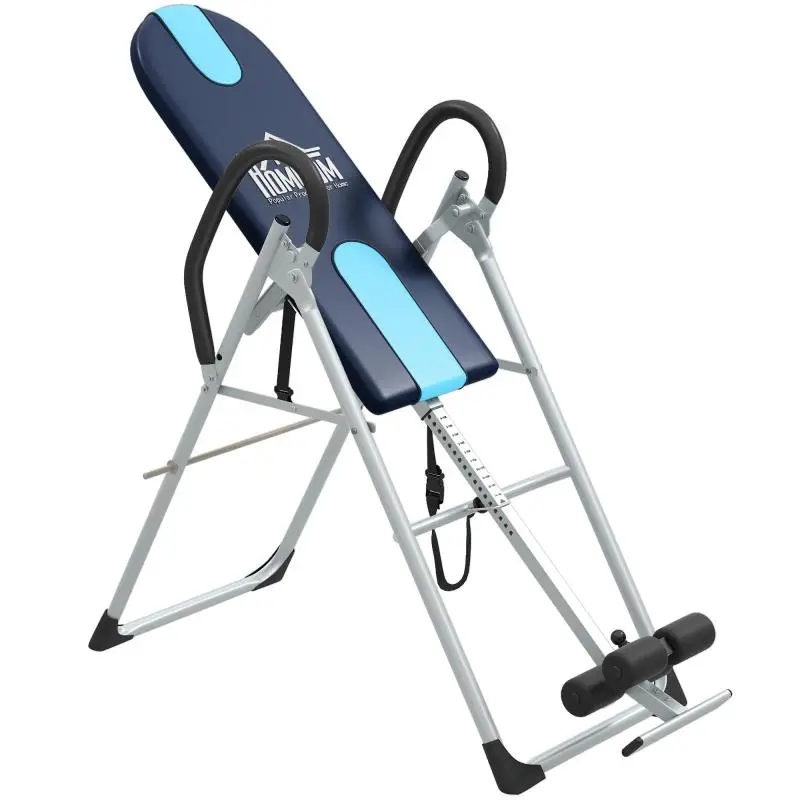 Foldable inversion table/gravity trainer with safety belt, up to 136kg, steel, silver+black+blue