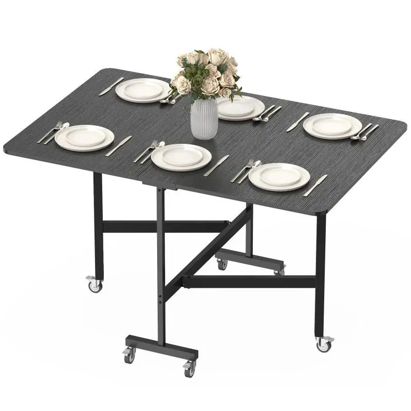 Folding dining table/kitchen table for 4-6 people with 6 wheels, mobile folding table for small spaces, 120x80x73 cm, black