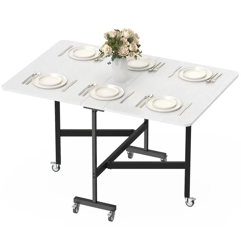Foldable Dining Table with Wheels, White