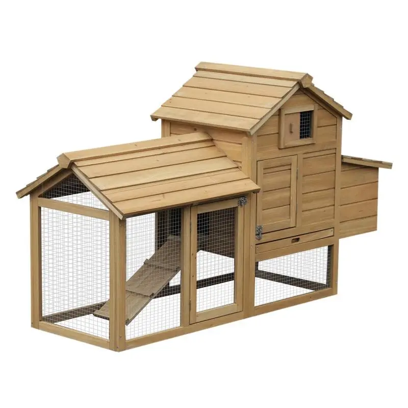 Wooden Chicken Coop Chicken House, 151.5 x 54 x 87 cm, 2-level Run with 2 Doors, Nesting Box, Waterproof Roof, Run, Ramp, Natural Chicken for Garden