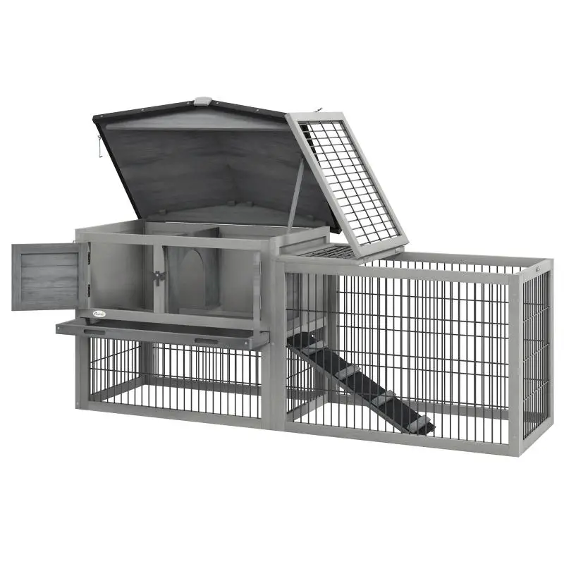 Small animal hutch, small animal cage with outdoor run, guinea pig hutch, outdoor run, grey