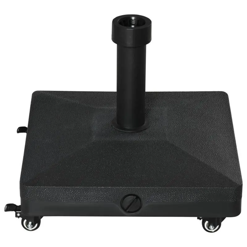 Square parasol stand (fillable up to 20 kg) with wheels; suitable for parasols with a pole diameter of 22–38 mm; ideal for balconies, patios, and gardens; black.