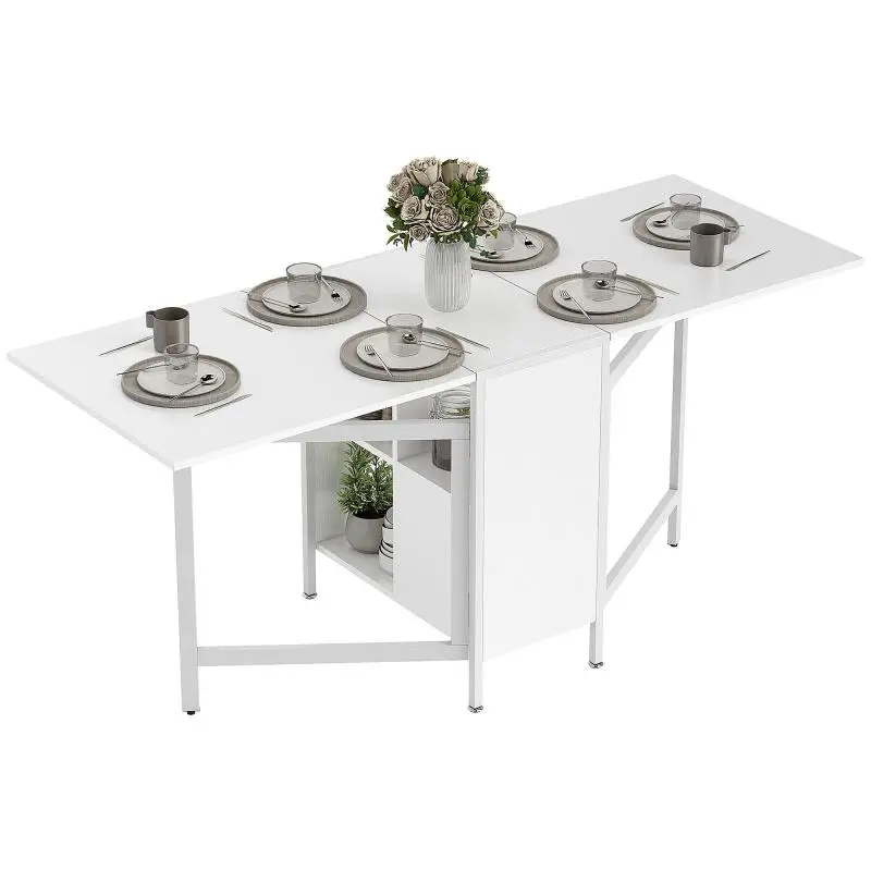 Folding Dining Table with Drop-Leaf Leaves, 4 Compartments, 3 Shapes for Kitchen, Living Room, 169x60x75 cm, White