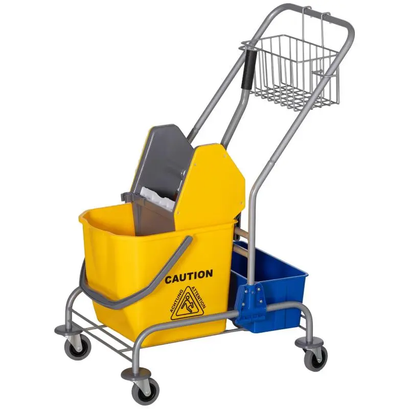 Cleaning trolley, mop trolley, 25 L capacity, 4 wheels, plastic, yellow