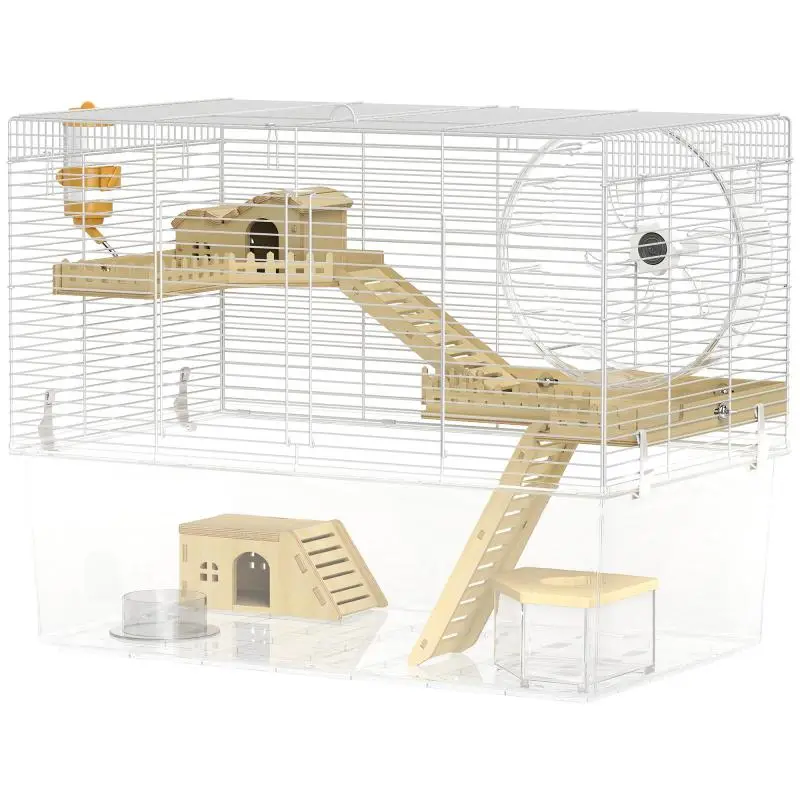 3-level hamster cage, rodent cage with exercise wheel, deep transparent tray, 59 x 35.5 x 47 cm, white