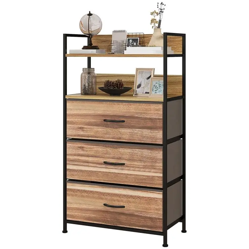3-Drawer Fabric Chest with Shelves, Oak and Black