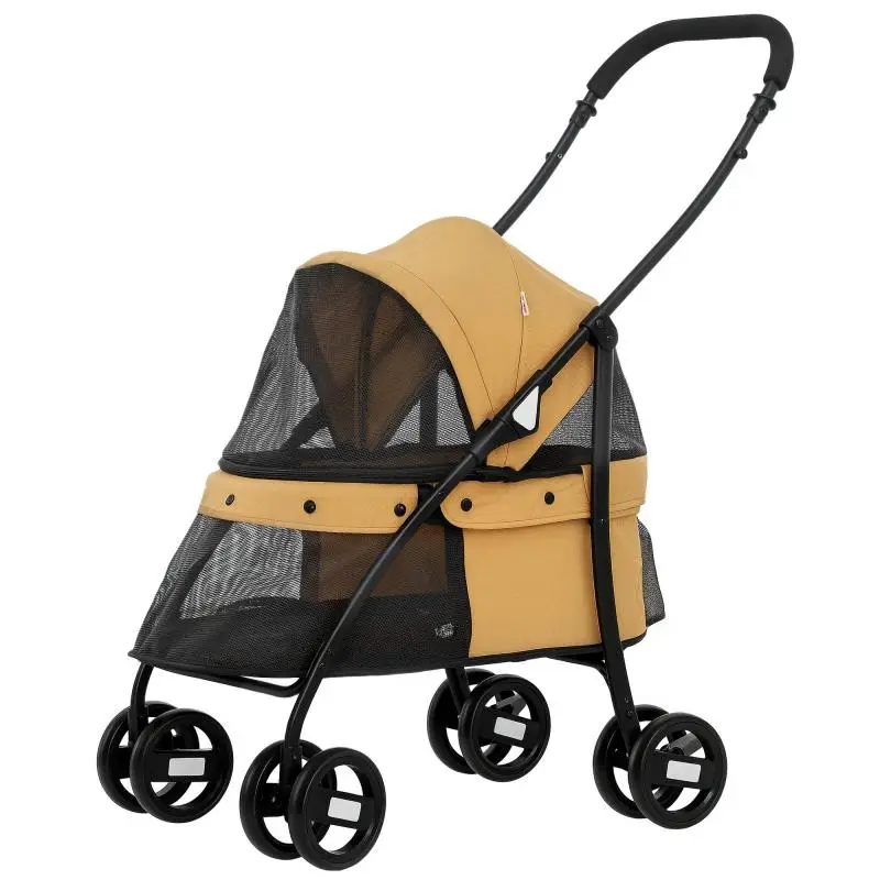 Foldable Stroller for Small Dogs – Brown – Features Mesh Windows, Washable Cushion, Safety Leashes, and Steel Frame