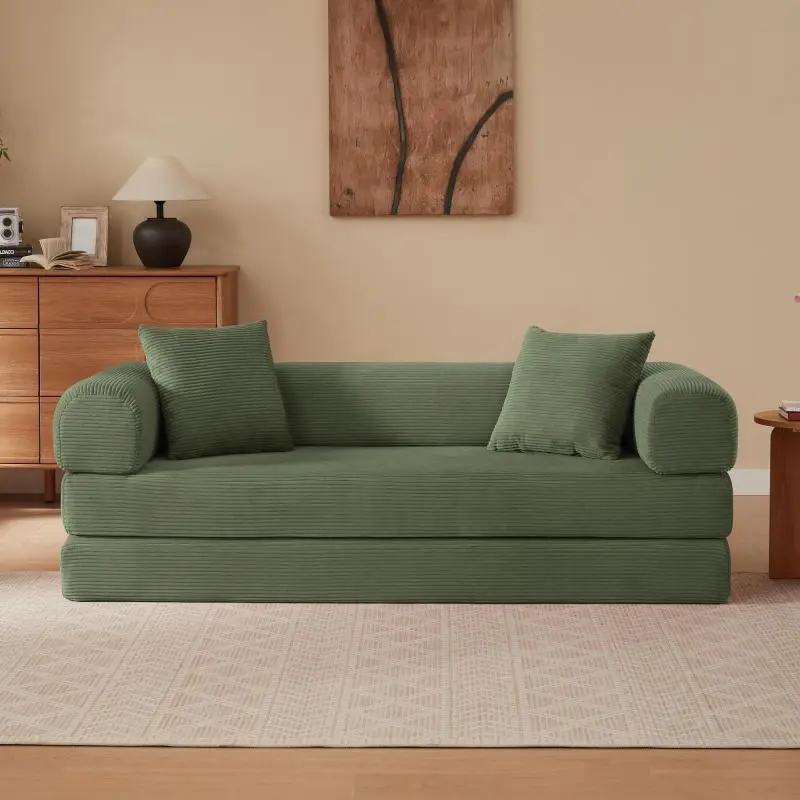 3-Seater Corduroy Block Floor Sofa Bed, Convertible Into Flat Bed, Compressed Packing, Full High Density Foam, No Assembly Required, Max Load 300kgs