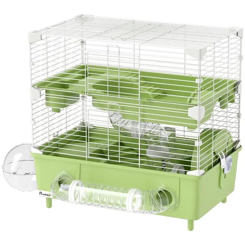Two-level hamster cage with running wheel and sand bath for dwarf hamsters, 44.5 x 28 x 44 cm, green