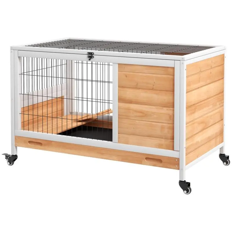 Wooden rabbit hutch with 2 levels, hinged roof, wheels, two entrances, ramp, and pull-out tray, 90x53x59cm