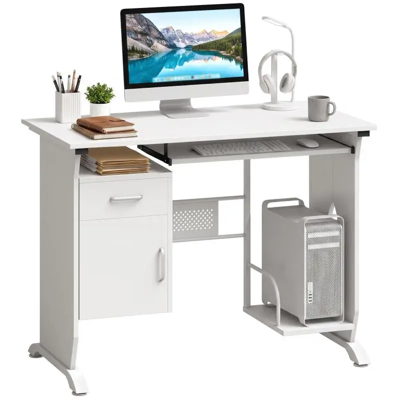 Computer Desk with Keyboard Tray and Drawer, White