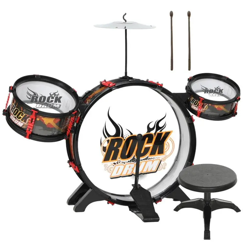 Kids Toy Drum Set with Stool, Black