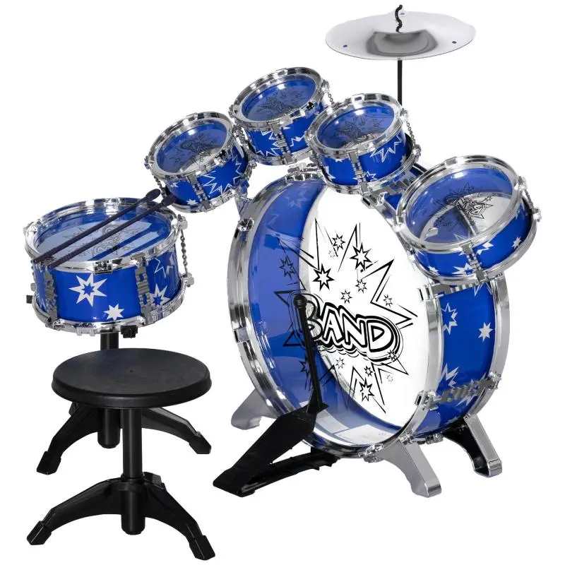 Kids Drum Set with Bass Drum with Pedal, Drumsticks, Cymbal and Stool, Ages 3-6 Years, Blue