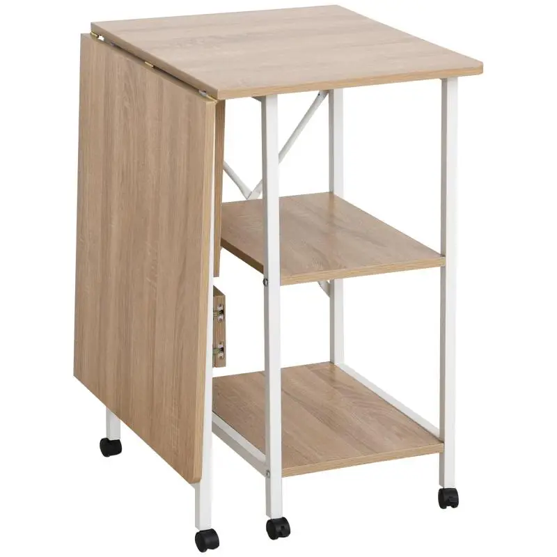Folding table, desk, side table, office table, mobile computer table with wheels, MDF natural, 107 x 55 x 76 cm
