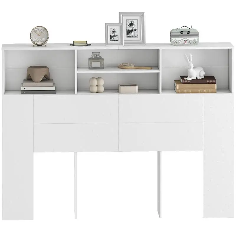 Freestanding headboard with storage, bed accessory with 4 open compartments, 140 x 19 x 103.5 cm, white