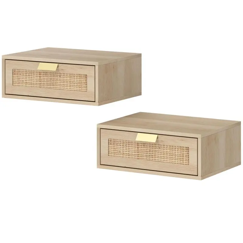 Set of 2 Floating Nightstands with Rattan Drawer