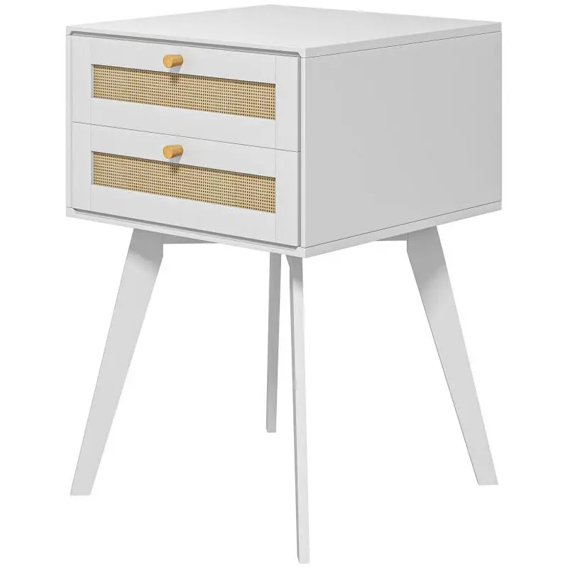 White Bedside Table, Nightstand with 2 Drawers, Cannage Style, Small Side Table 40x40x60 cm