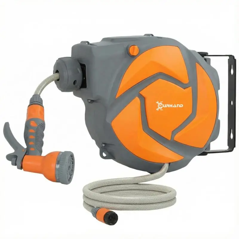 Wall-Mounted Retractable Hose Reel with 7-Function Nozzle