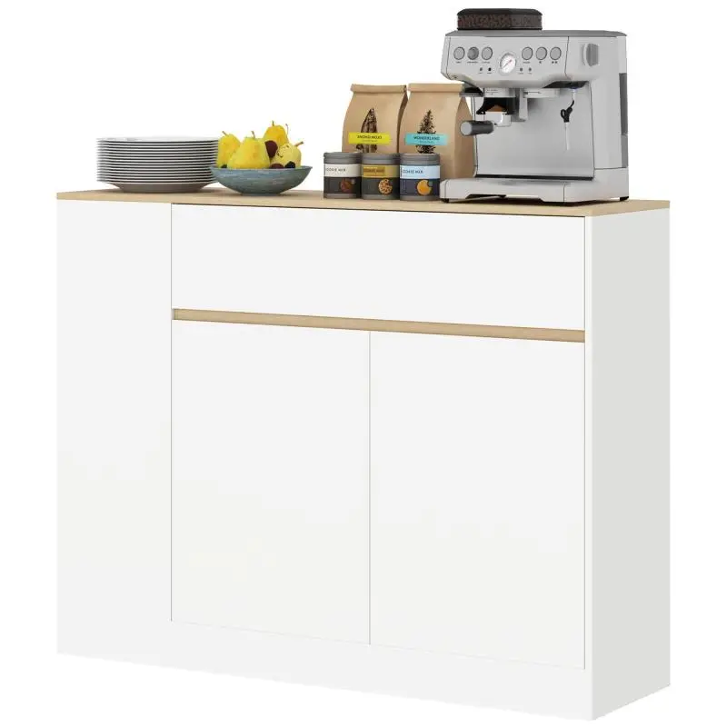 Sideboard, large cabinet compartment, 3 shelves, drawer, 106 x 30 x 81.2 cm, white/wood