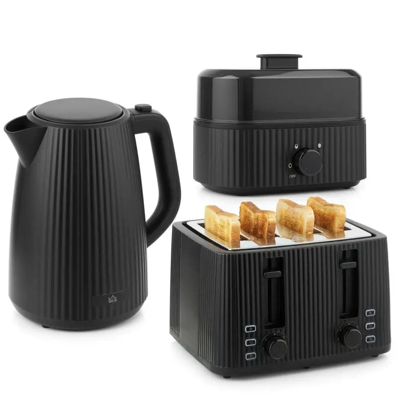 1.7L Rapid Boil Kettle and 4-Slice Toaster Set, Egg Cooker for 6 Eggs with Indicator Light, Black
