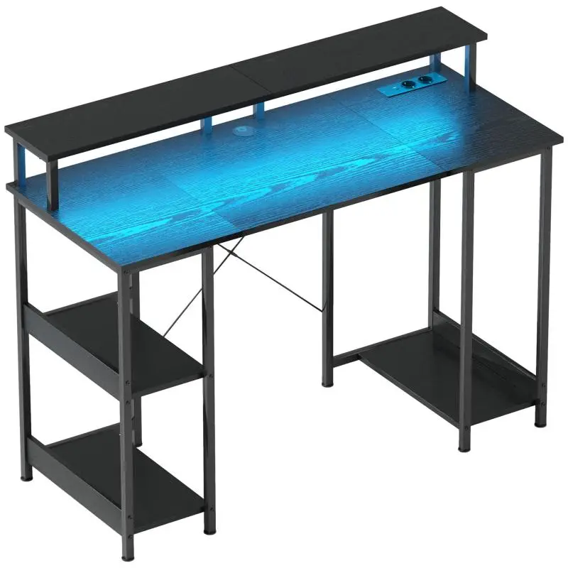 Reversible PC Desk with Power Sockets, Lights, Monitor Stand and Shelf, 120x50cm, Black