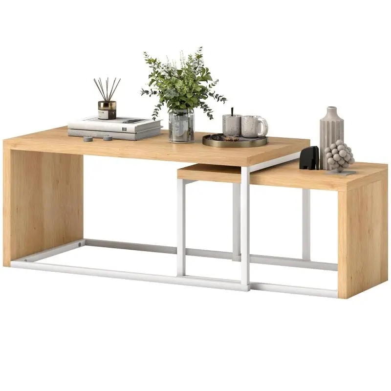 Set of 2 Nesting Coffee Tables, Natural and White