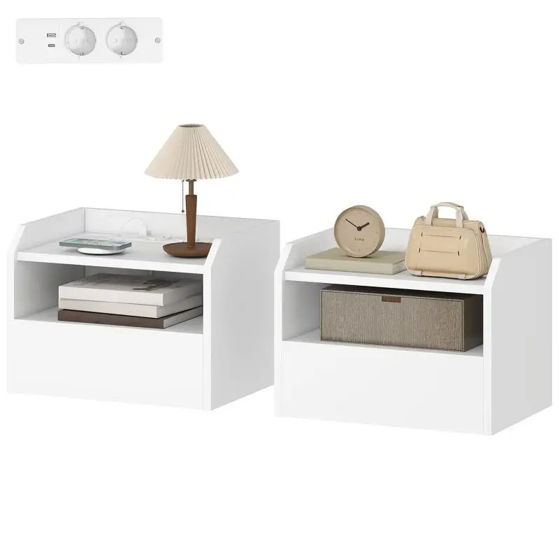 Set of 2 Floating Nightstands with Charging Station