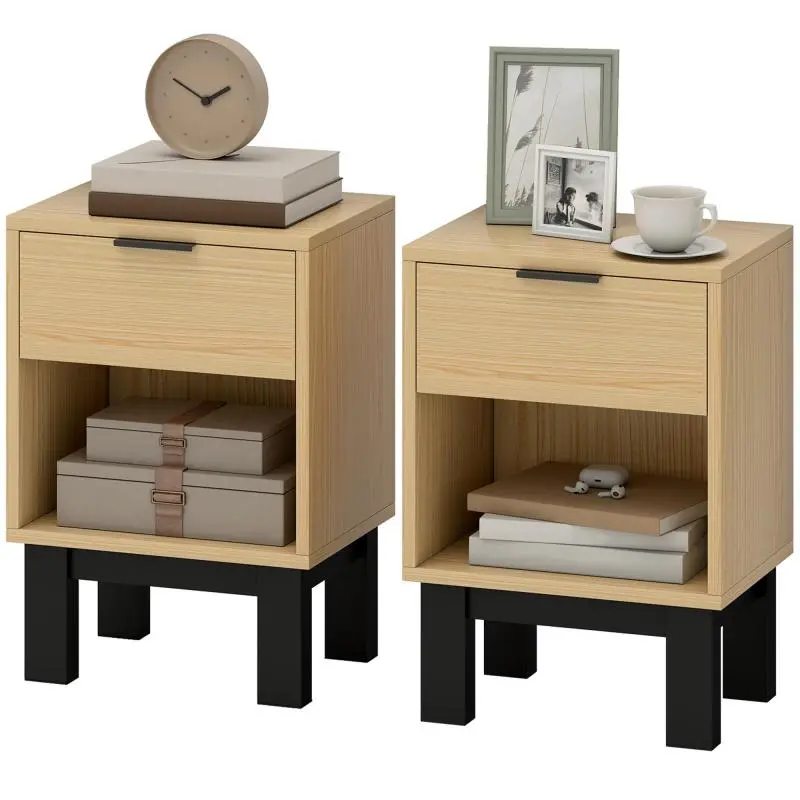 Set of 2 Narrow Nightstands with Drawer and Shelf