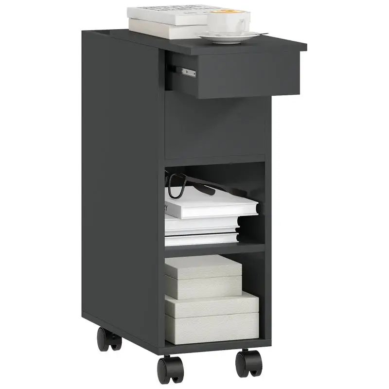 Side Table with Sliding Top, Wheels, Hidden Storage, Adjustable Shelf, Black