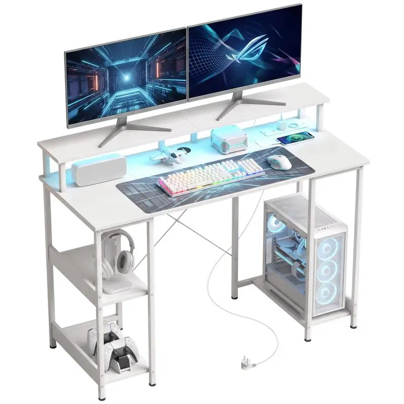 Reversible Computer Desk with Shelves, 120x50 cm, with Power Sockets and LED Lights, White Wood Effect