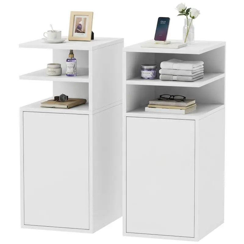 Set of 2 Bedroom Bedside Tables with Door and Open Compartments for Small Spaces, 25x30x60 cm, White
