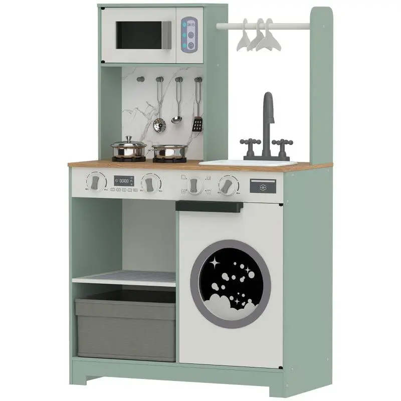 Wooden Toy Kitchen with Laundry Area and Accessories