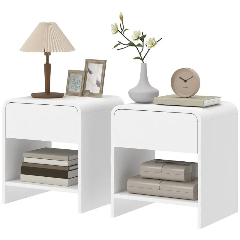 Set of 2 Nordic Bedside Tables with Rounded Corners, Drawer and Open Shelf, 40x35x45 cm, White