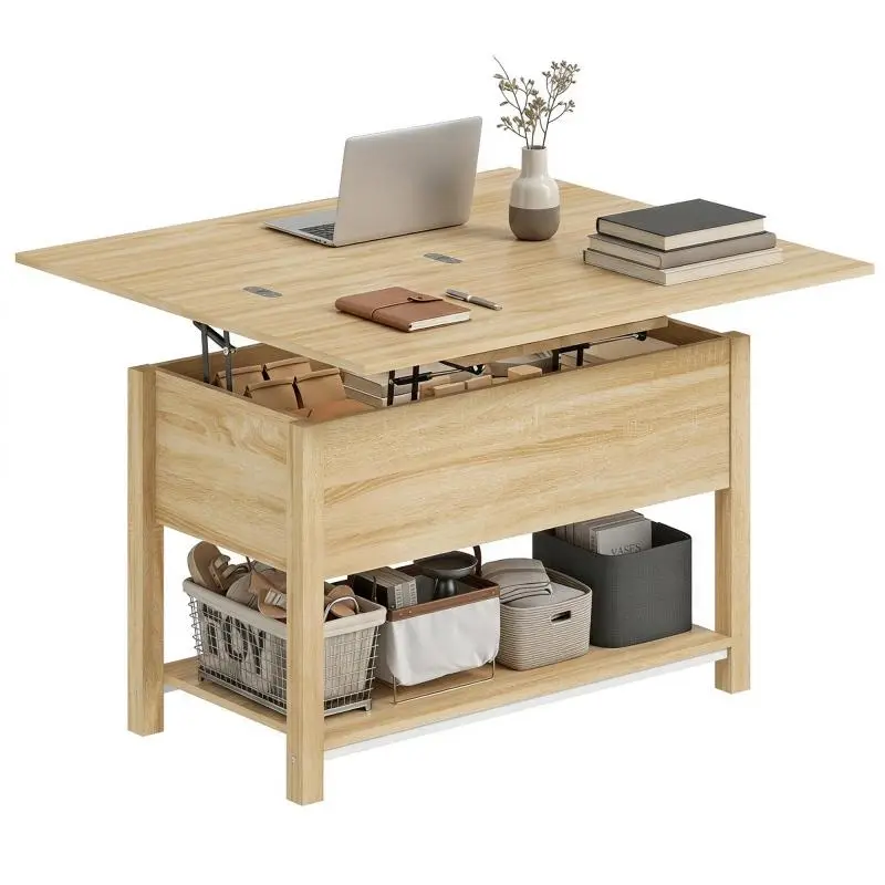 Lift-top and extendable coffee table, living room table with hidden compartment and open shelf, 100x45x50.5cm, natural wood