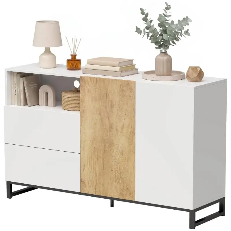 Living room sideboard, storage unit with 2 soft-close doors, 2 drawers, and an adjustable shelf, white and oak